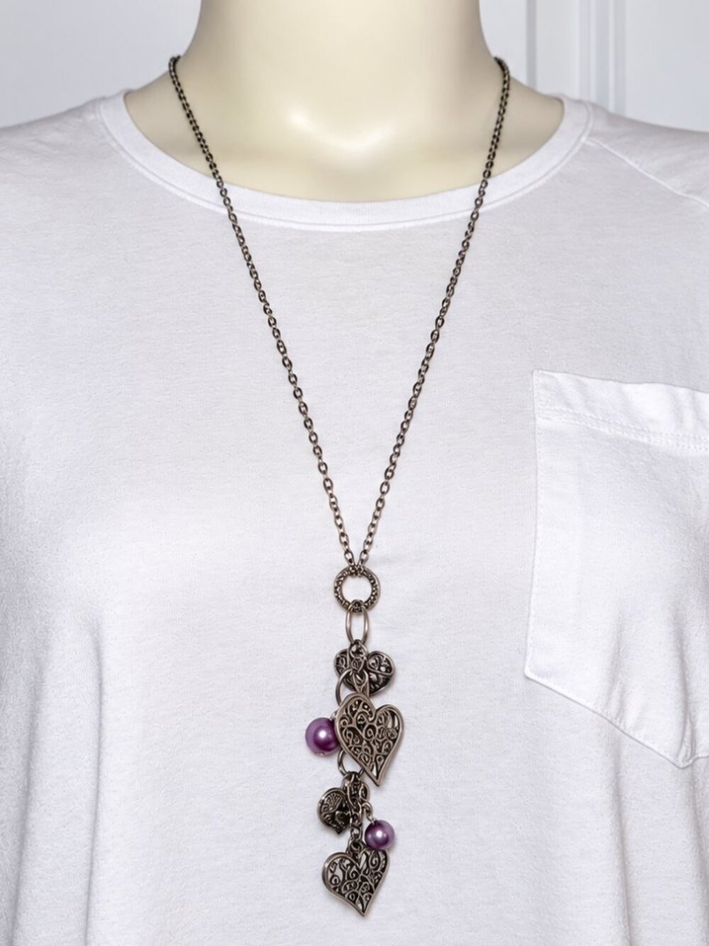 Antique Silver Tone Filigree Heart Charm Necklace Purple Beads Long Statement